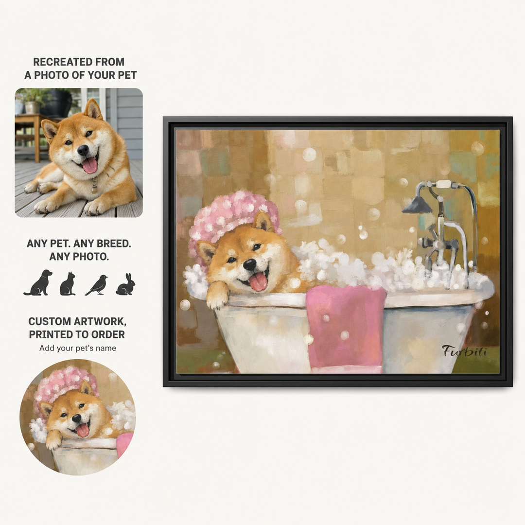 How It Works Bath Time Shiba Landscape Pet Portrait Canvas From Photo
