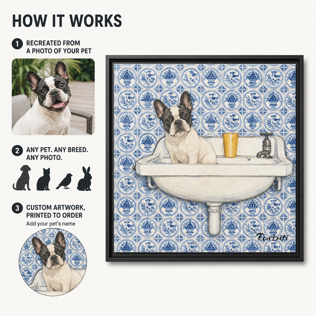 How It Works Blue Tile French Bulldog Landscape Pet Portrait Canvas From Photo