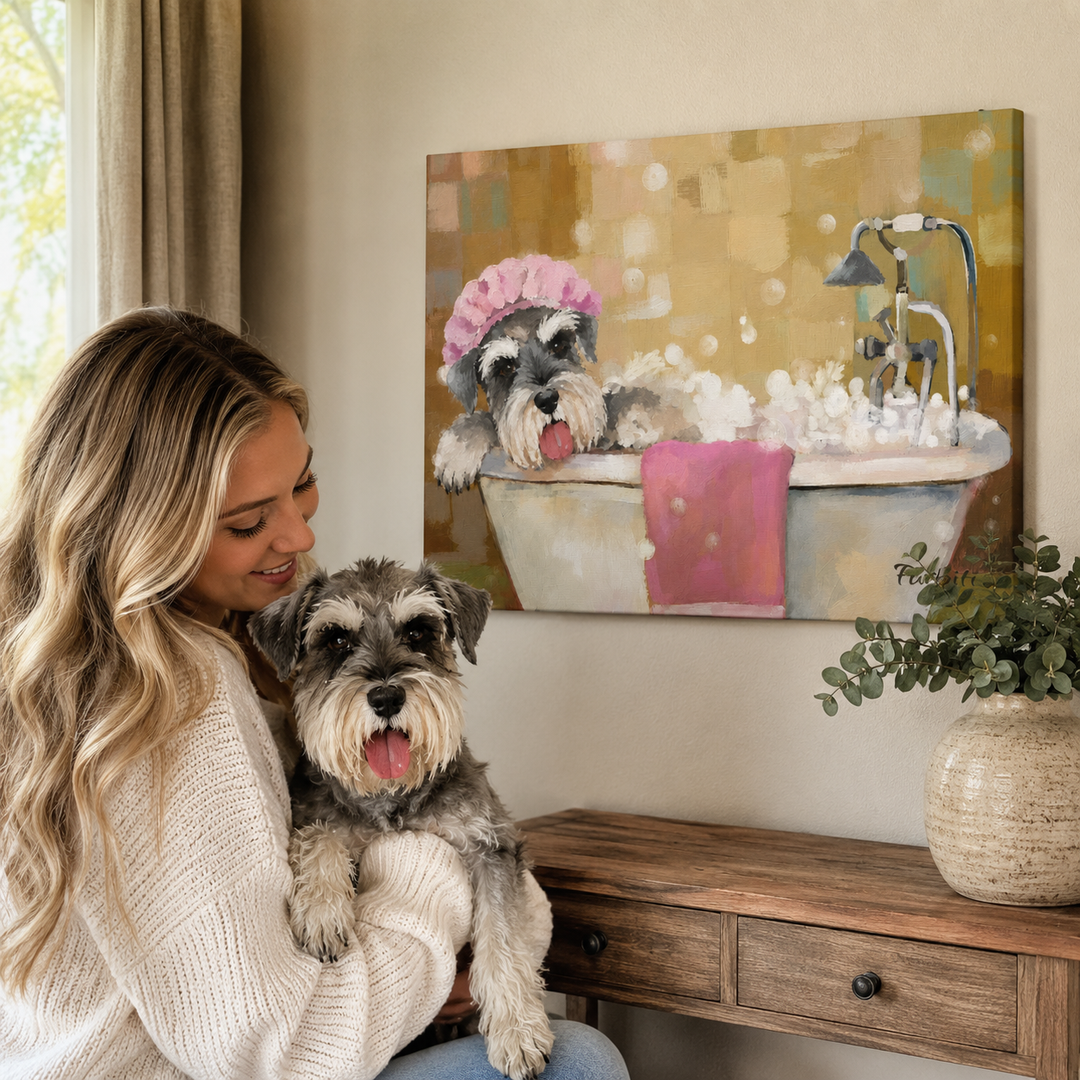 Lifestyle Bath Time Alternate Dog Horizontal Pet Canvas In Bedroom
