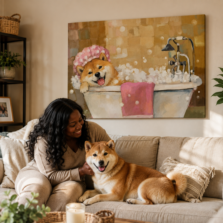 Lifestyle Bath Time Shiba Landscape Pet Wall Art With Pet Owner
