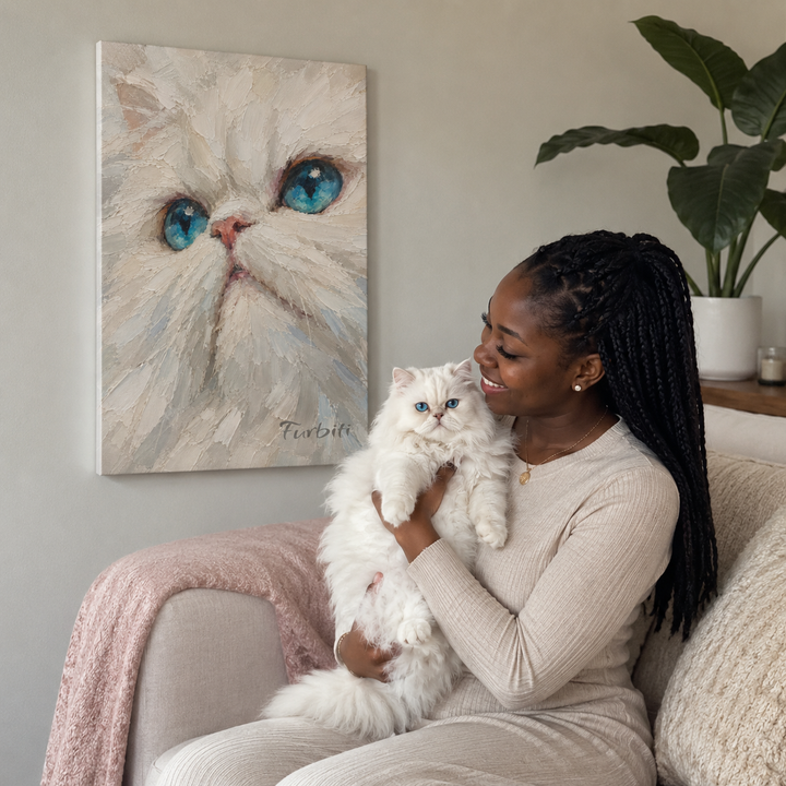 Lifestyle Blue Eyed Cat Pet Canvas Portrait With Pet Owner