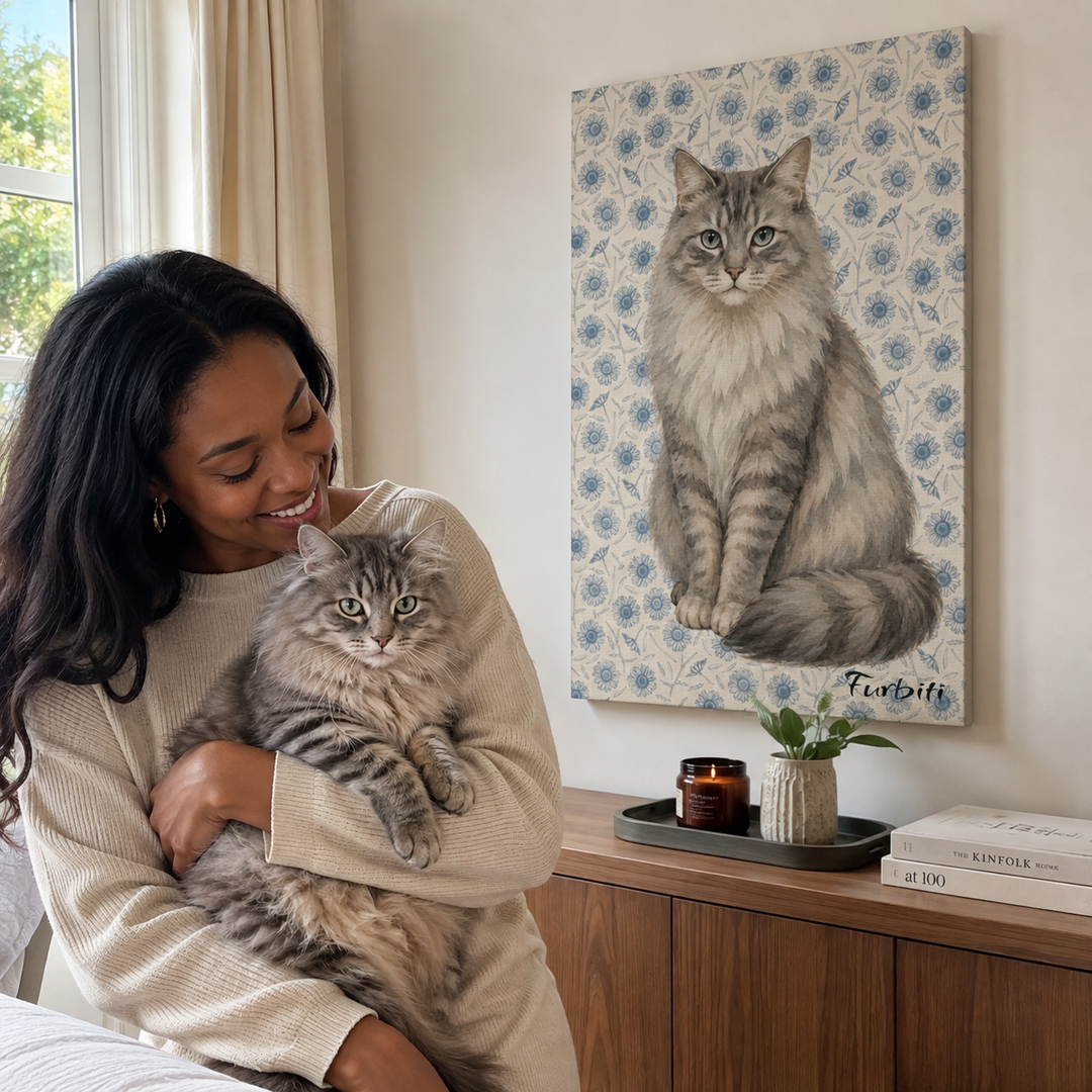 Lifestyle Blue Floral Cat Canvas Portrait With Pet Owner