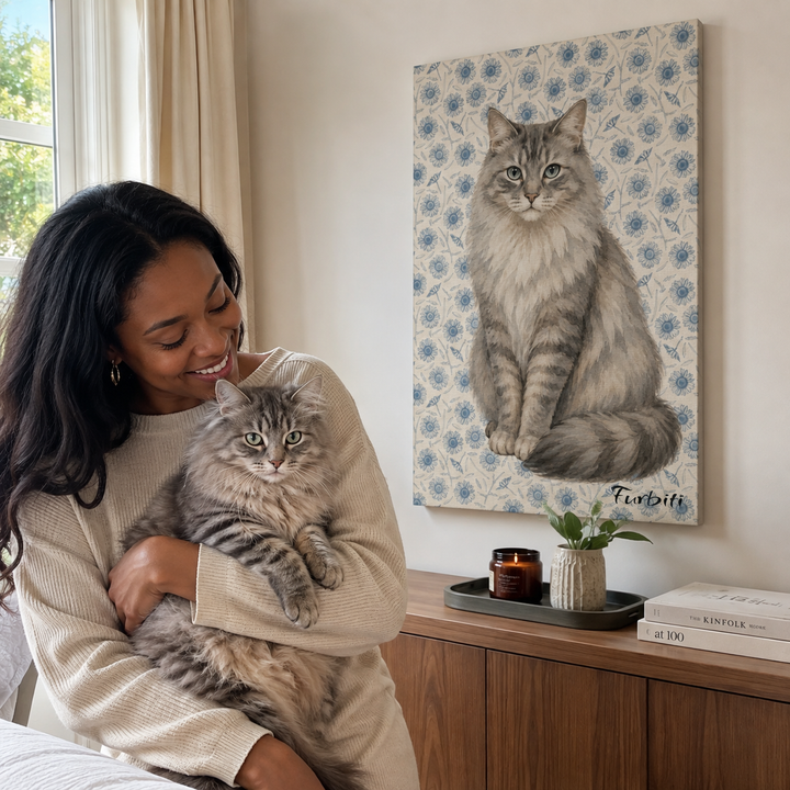Lifestyle Blue Floral Cat Canvas Portrait With Pet Owner