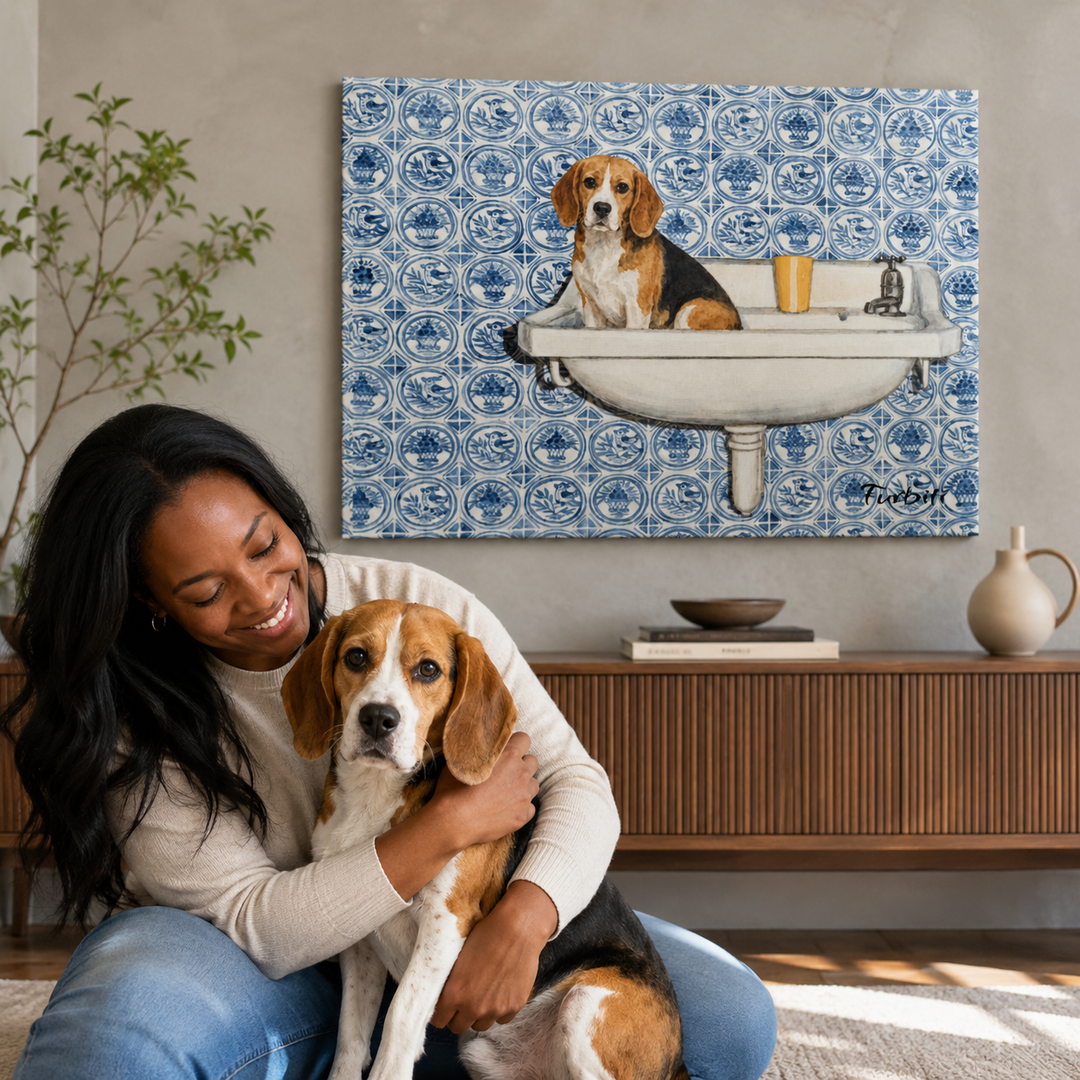 Lifestyle Blue Tile Alternate Dog Horizontal Pet Canvas In Living Room