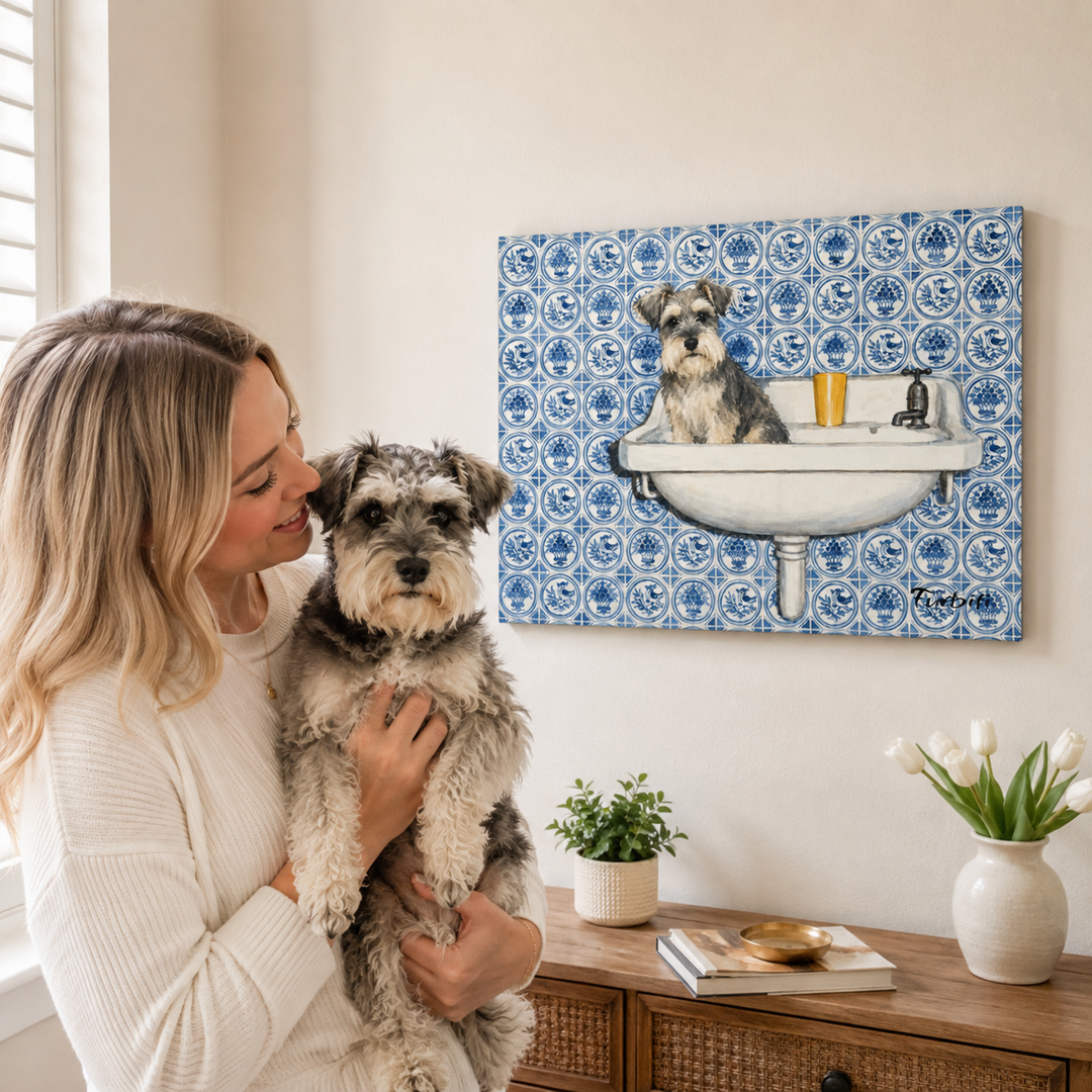 Lifestyle Blue Tile Alternate Pet Horizontal Pet Canvas With Pet Owner