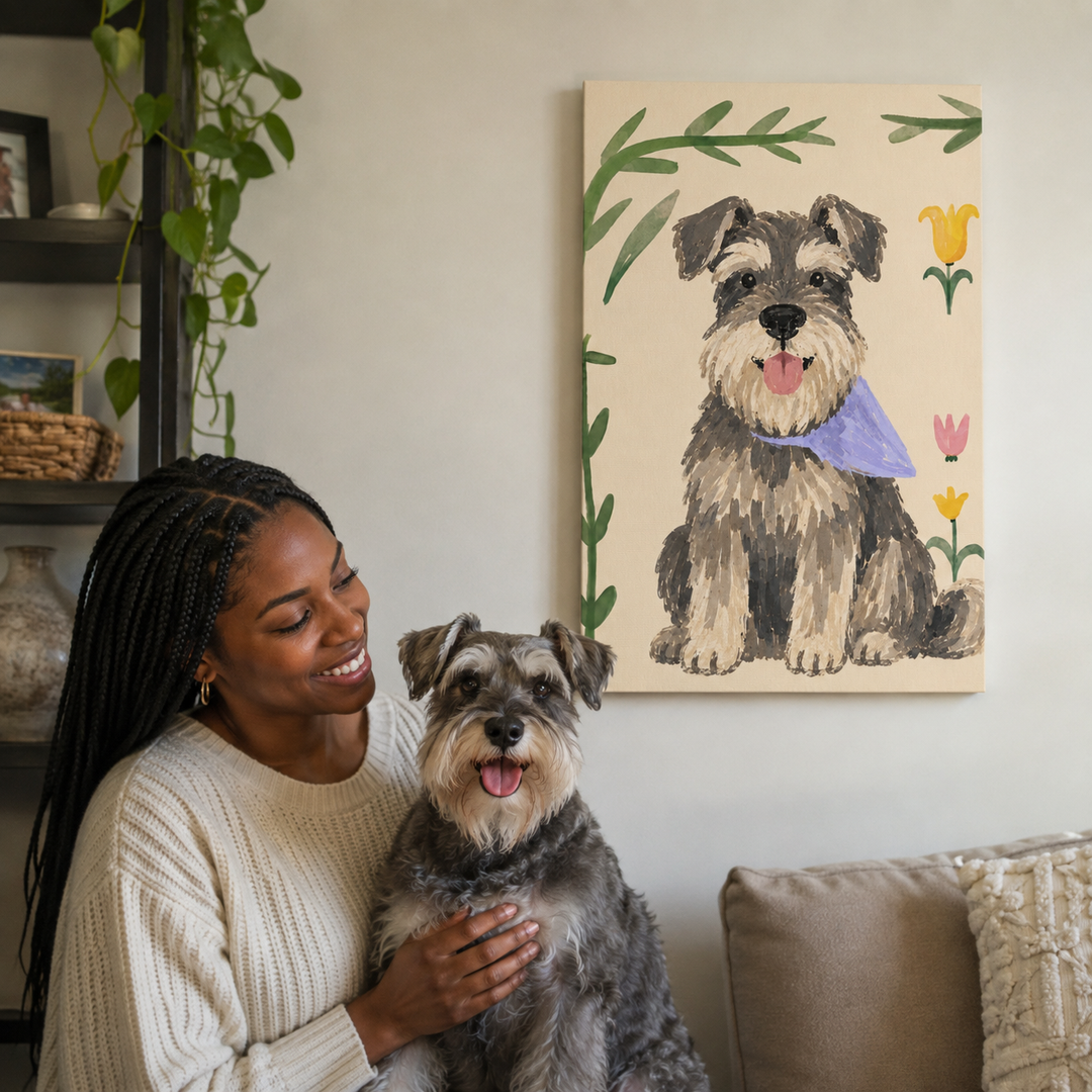 Lifestyle Botanical Schnauzer Pet Canvas Portrait With Pet Owner