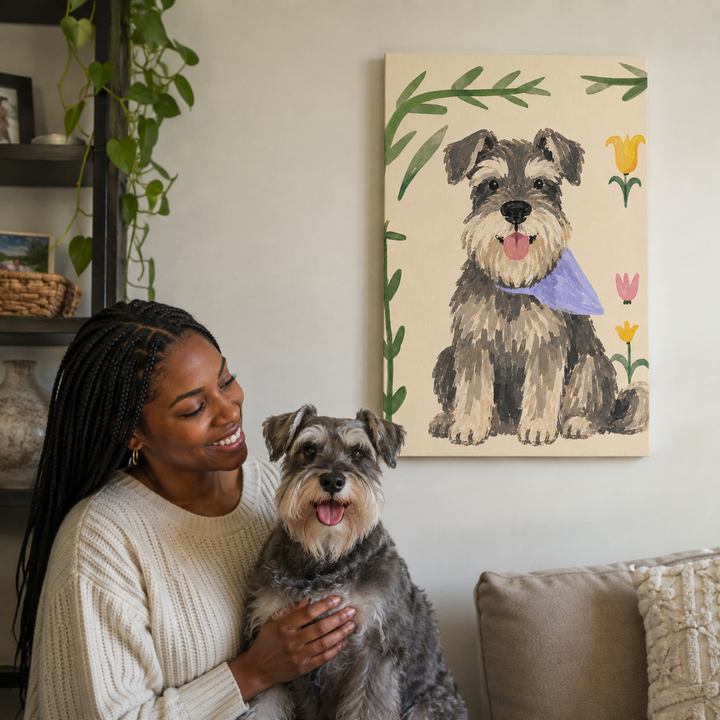 Lifestyle Botanical Schnauzer Pet Canvas Portrait With Pet Owner