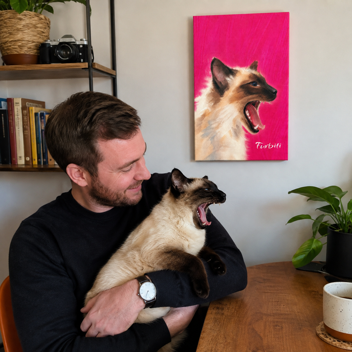 Lifestyle Bright Pink Cat Pet Canvas Portrait With Pet Owner