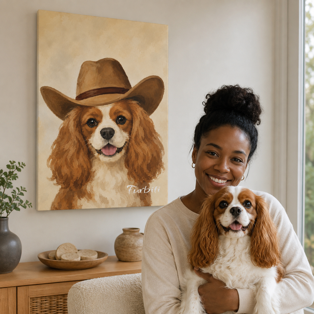 Lifestyle Cowboy Dog Pet Canvas Portrait With Pet Owner