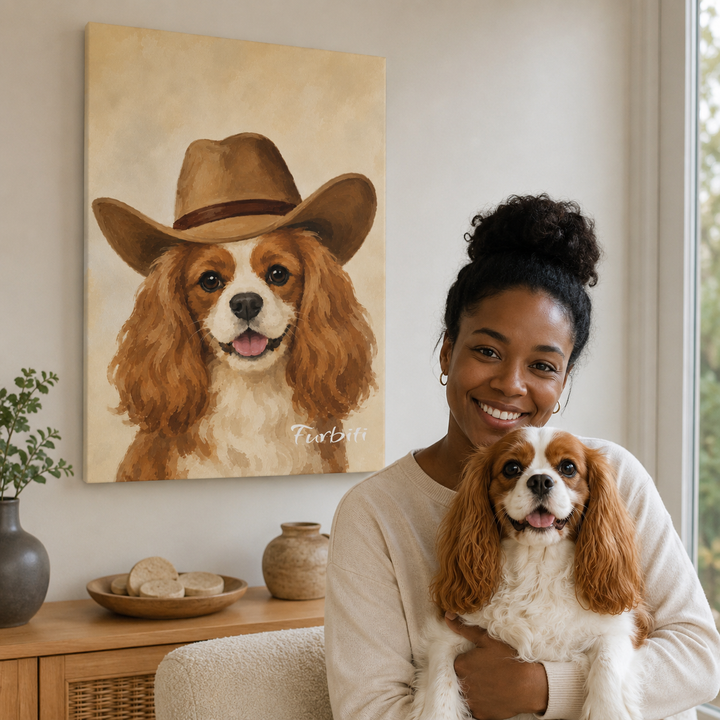 Lifestyle Cowboy Dog Pet Canvas Portrait With Pet Owner