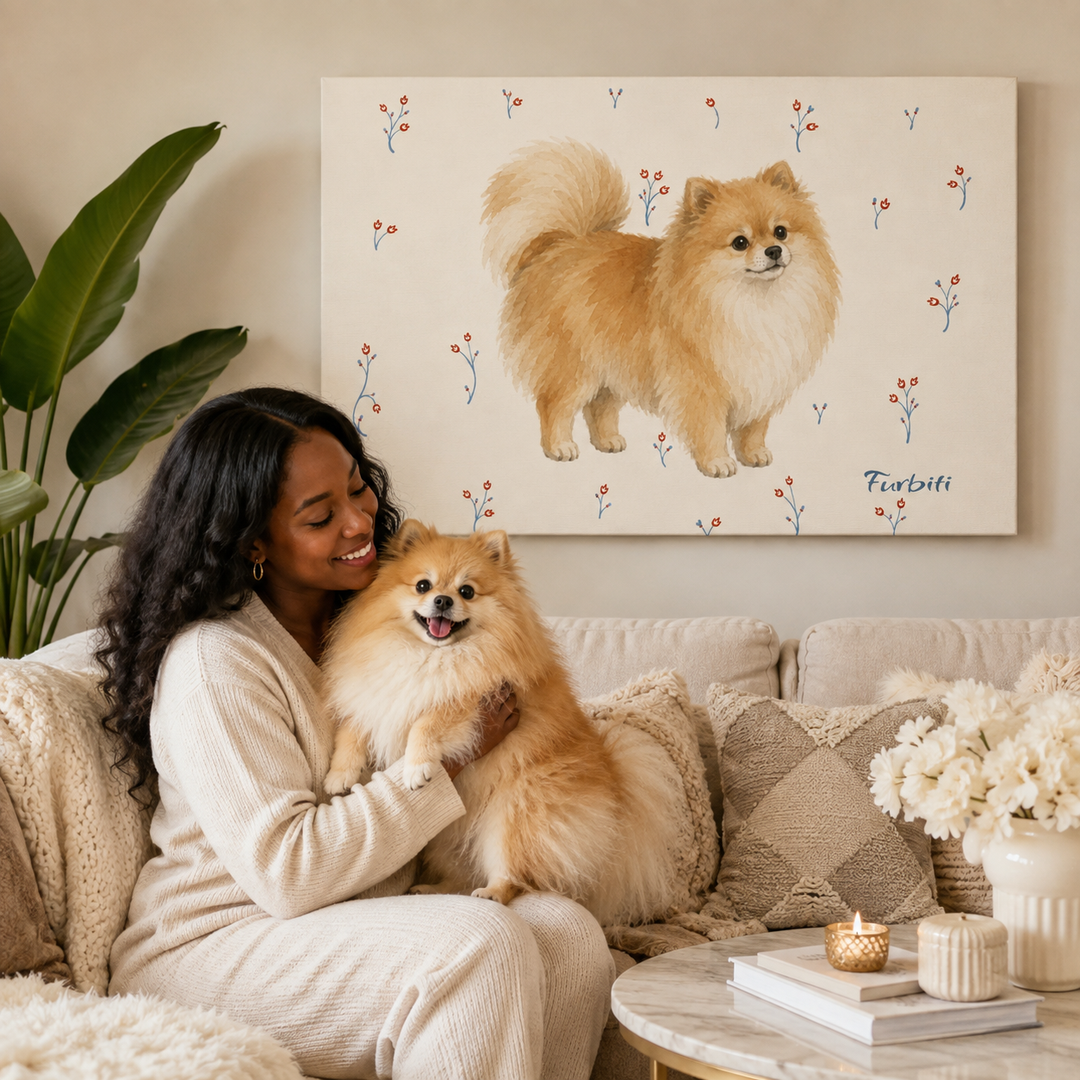 Lifestyle Cream Pomeranian Landscape Pet Wall Art With Pet Owner
