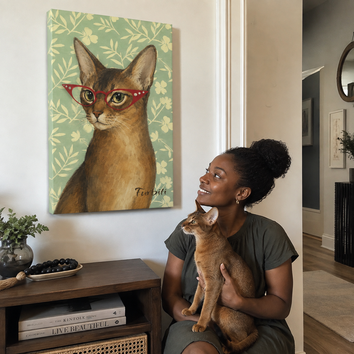 Lifestyle Green Floral Cat Pet Canvas Portrait With Pet Owner