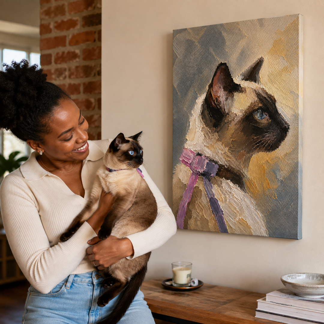 Lifestyle Modern Siamese Cat Pet Canvas Portrait With Pet Owner