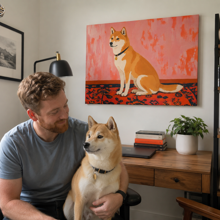 Lifestyle Orange Shiba Landscape Pet Wall Art With Pet Owner