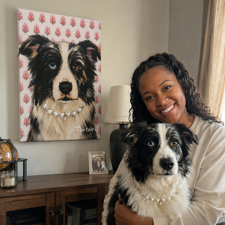 Lifestyle Pink Floral Dog Pet Canvas Portrait With Pet Owner