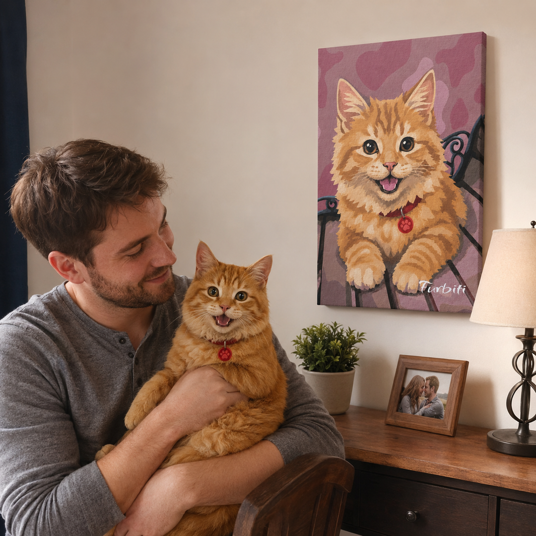 Lifestyle Pink Hearts Cat Pet Canvas Portrait With Pet Owner