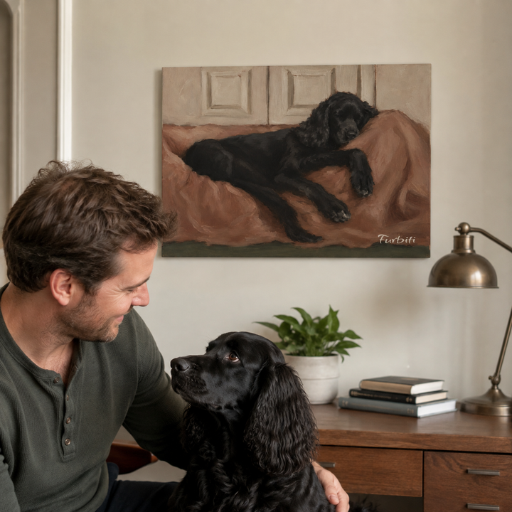 Lifestyle Resting Black Dog Horizontal Pet Canvas In Living Room
