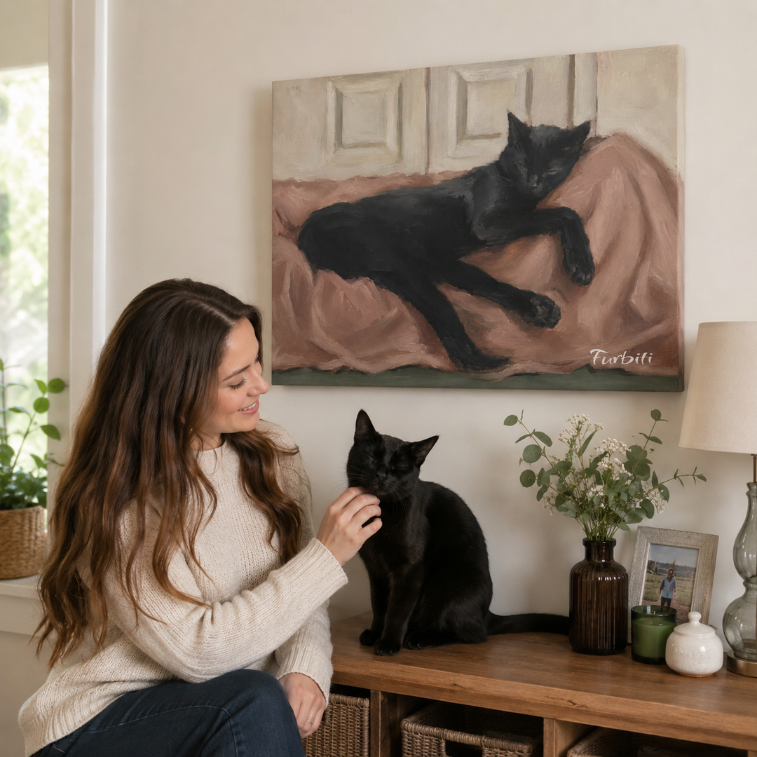 Lifestyle Resting Black Dog Landscape Pet Wall Art With Pet Owner