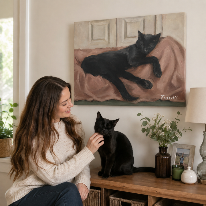 Lifestyle Resting Black Dog Landscape Pet Wall Art With Pet Owner