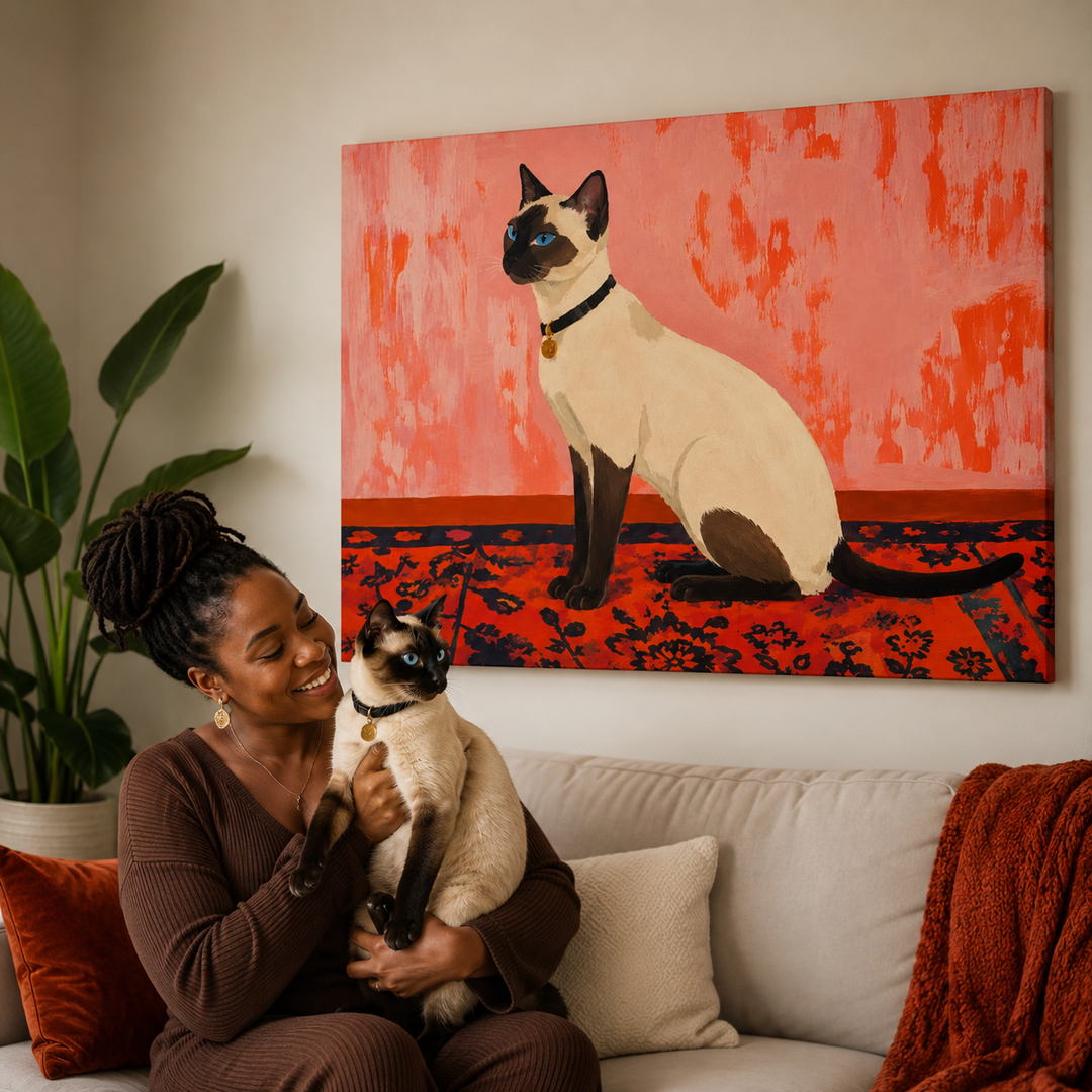 Lifestyle Siamese Cat Horizontal Pet Canvas With Pet Owner