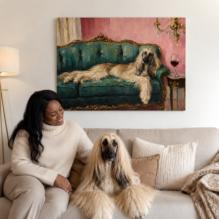 Lifestyle Velvet Sofa Dog Landscape Pet Wall Art With Pet Owner