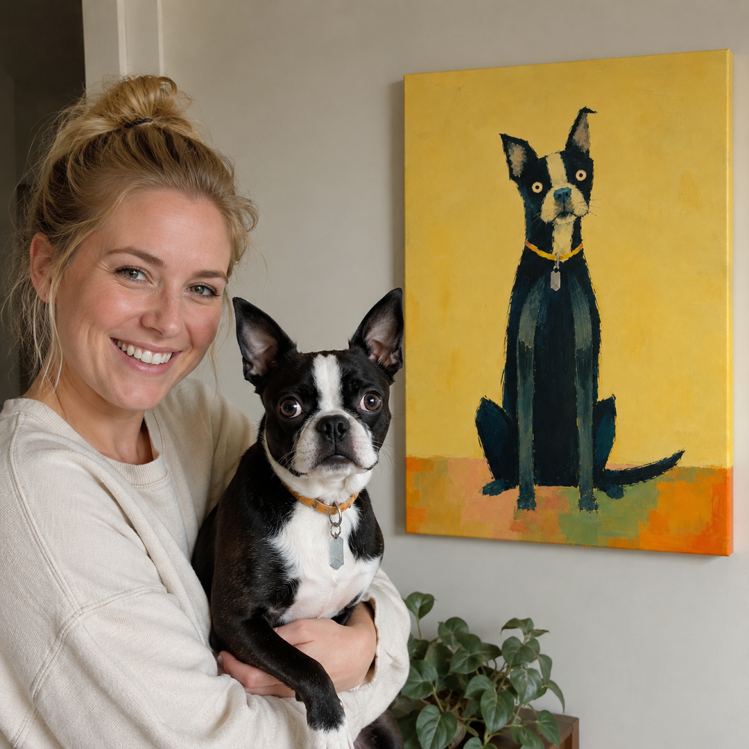 Lifestyle Yellow Pop Art Dog Pet Canvas Portrait With Pet Owner