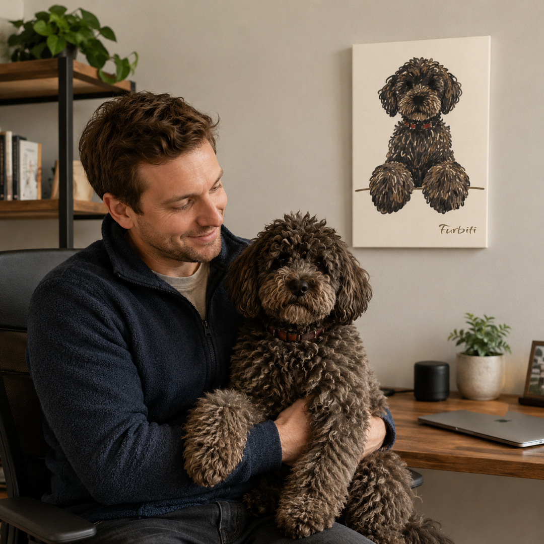 Minimalist Sketch Dog Pet Canvas Portrait Displayed With Pet Owner