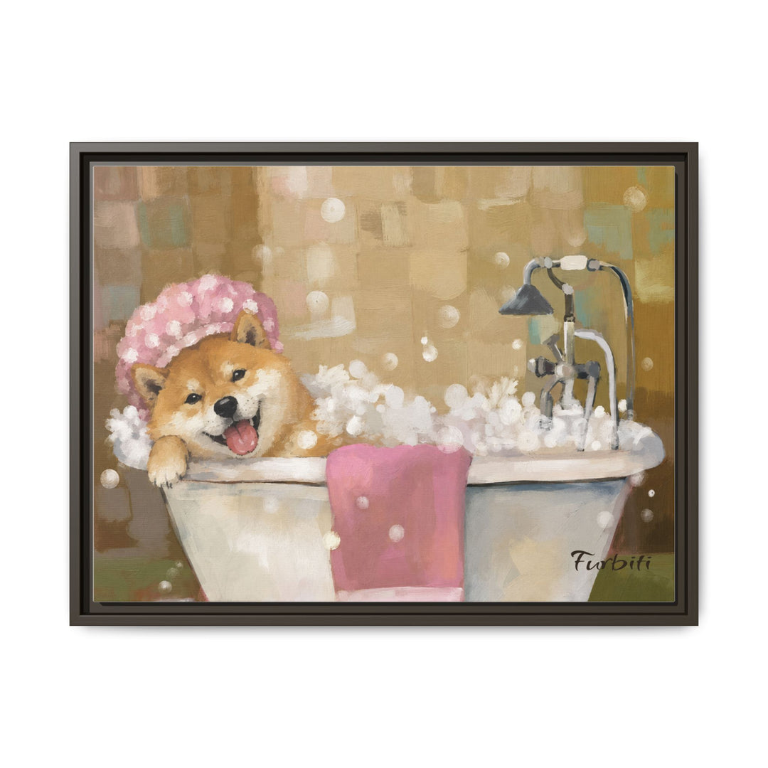 Natural Framed Bath Time Shiba Horizontal Pet Canvas Product View