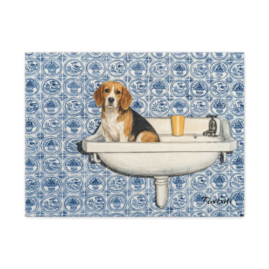 Natural Framed Blue Tile French Bulldog Horizontal Pet Canvas Product View
