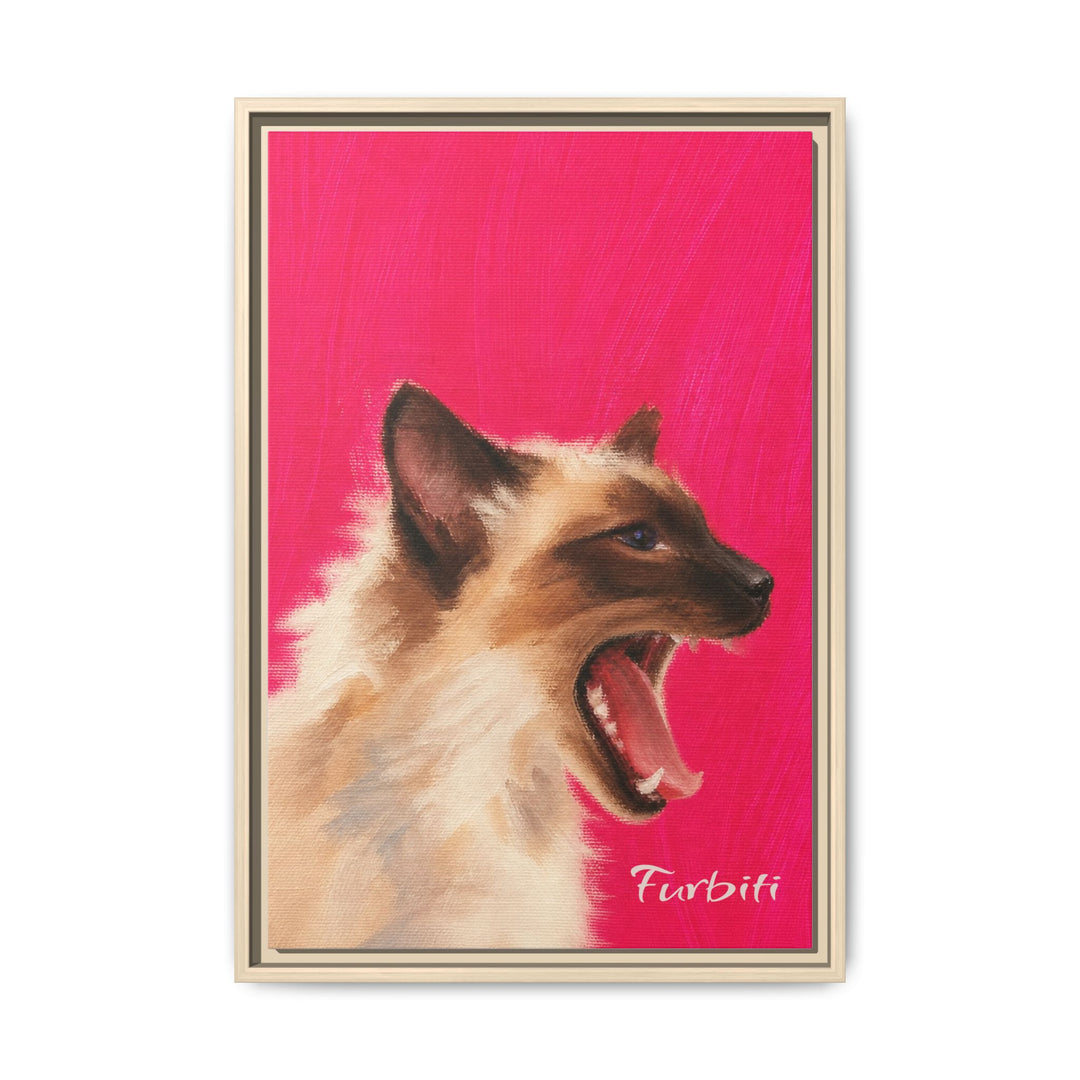 Natural Framed Bright Pink Cat Pet Canvas Portrait Product View