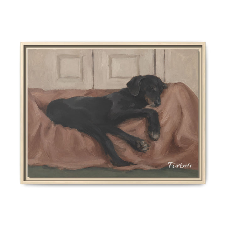 Natural Framed Resting Black Dog Horizontal Pet Canvas Product View