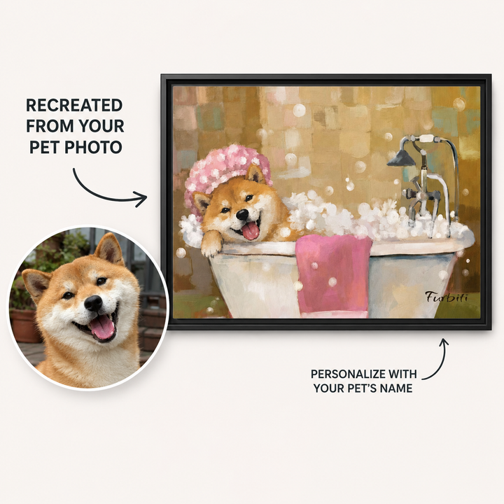 Personalized Bath Time Shiba Landscape Pet Portrait Canvas From Photo