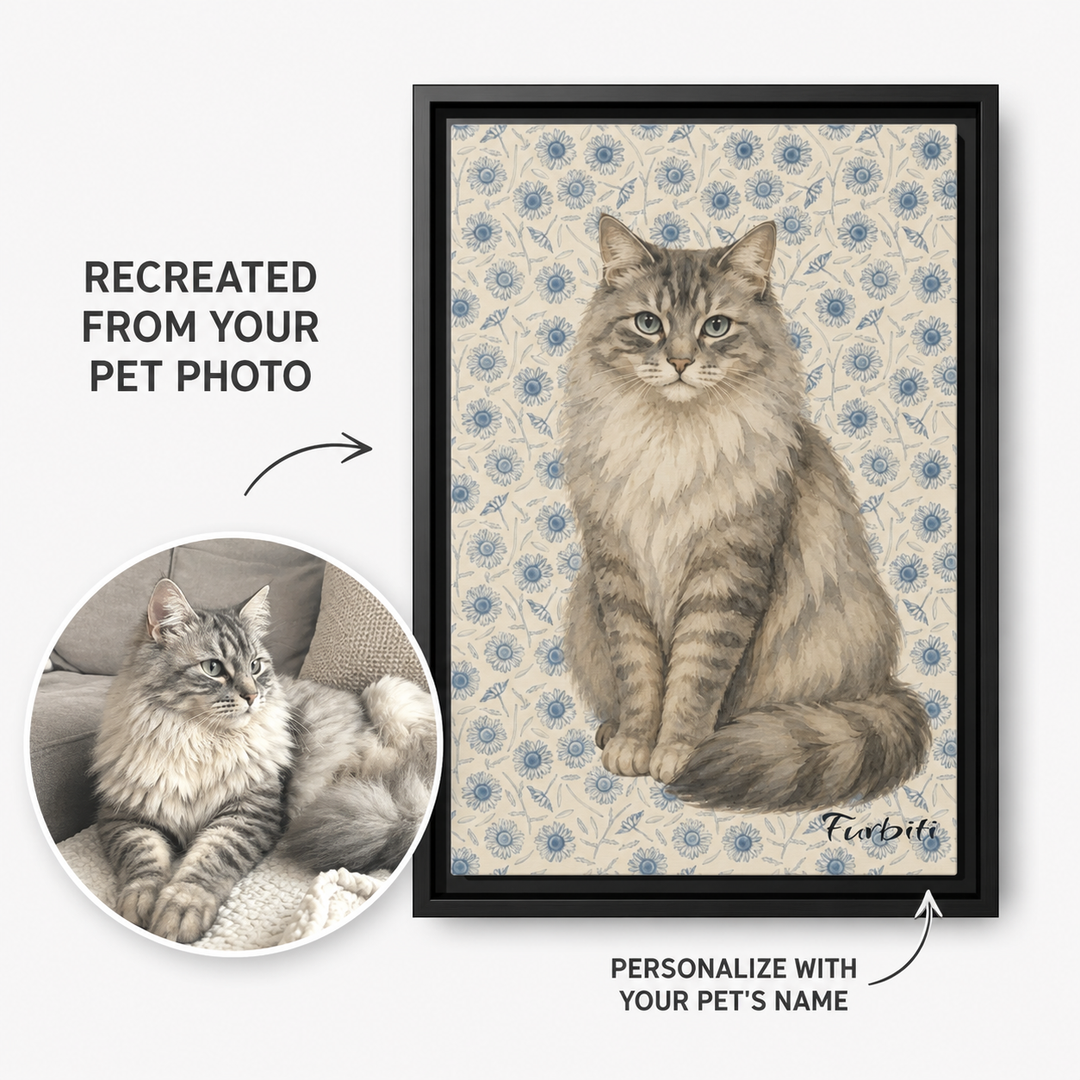 Personalized Blue Floral Pet Canvas Portrait From Photo