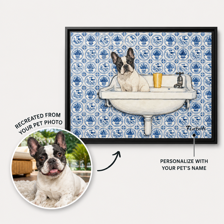Personalized Blue Tile French Bulldog Landscape Pet Portrait Canvas From Photo