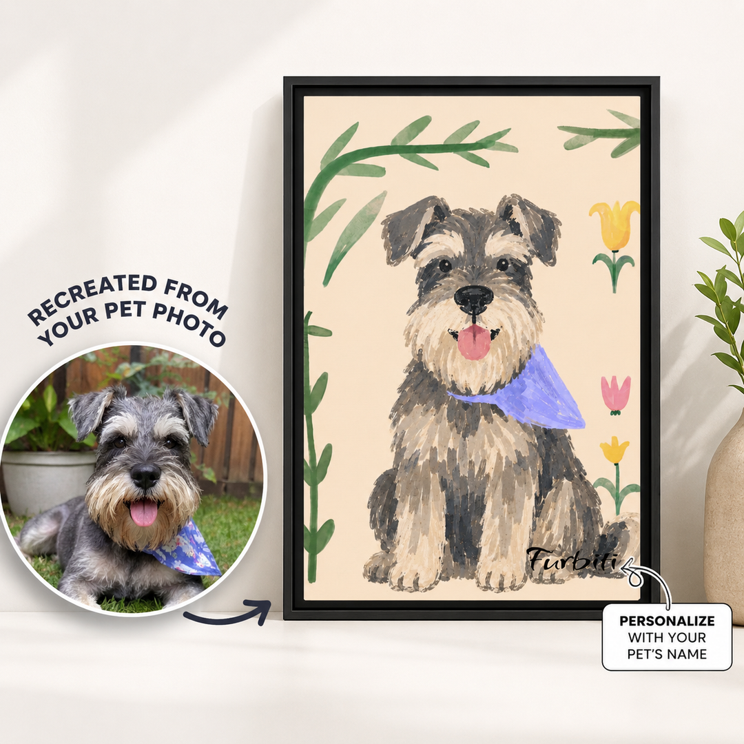 Personalized Botanical Schnauzer Pet Canvas Portrait From Photo