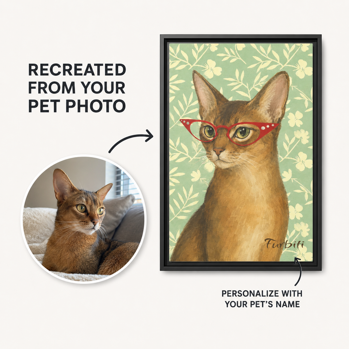 Personalized Green Floral Cat Pet Canvas Portrait From Photo