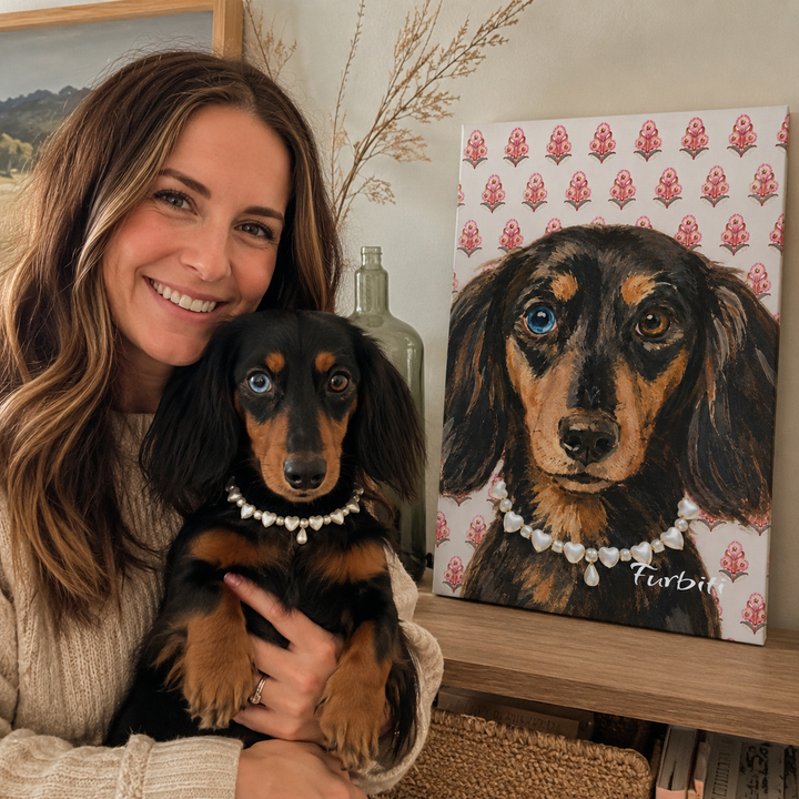 Pink Floral Dog Pet Canvas Portrait Displayed With Pet Owner