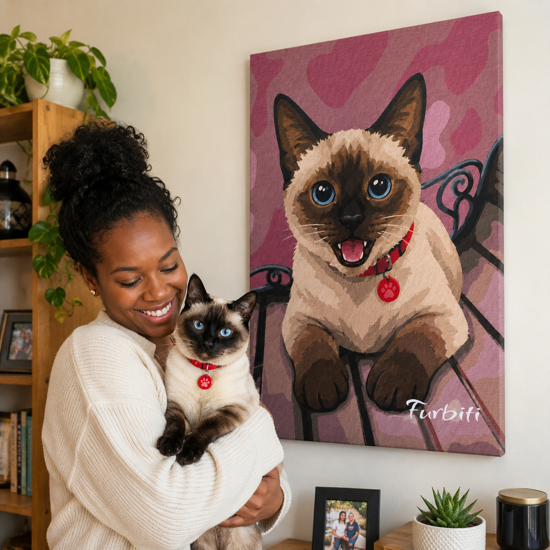 Pink Hearts Cat Pet Canvas Portrait Displayed With Pet Owner