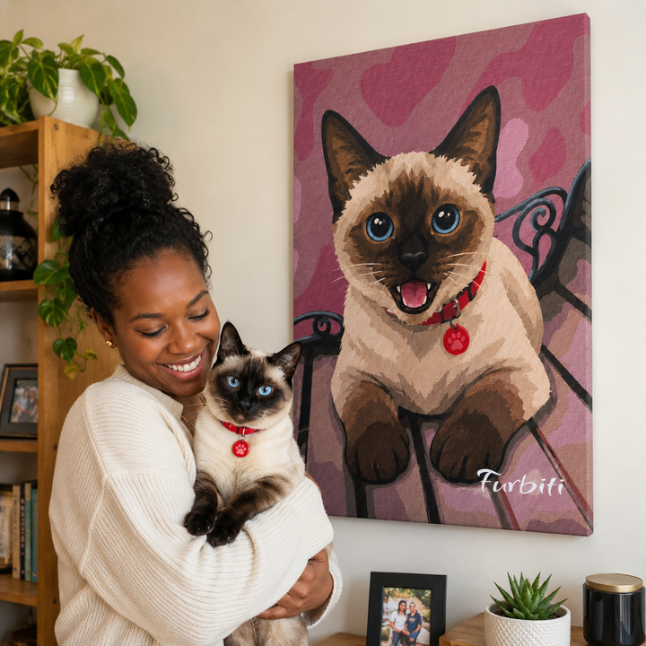 Pink Hearts Cat Pet Canvas Portrait Displayed With Pet Owner