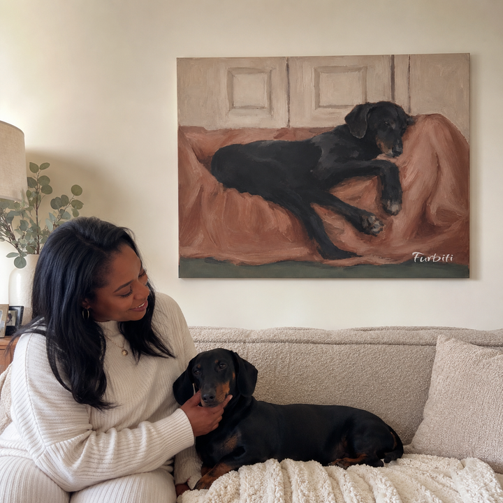 Resting Black Dog Landscape Pet Portrait Canvas Material And Print Details