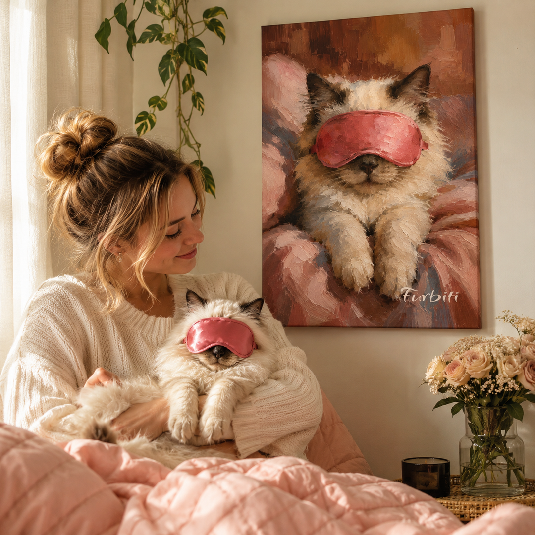Sleep Mask Pet Canvas Portrait Displayed With Pet Owner