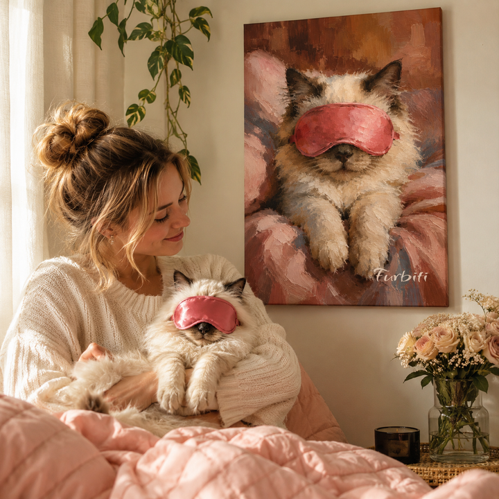 Sleep Mask Pet Canvas Portrait Displayed With Pet Owner