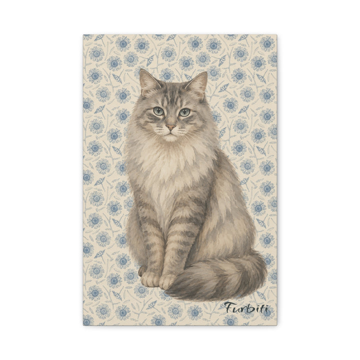 Stretched Blue Floral Cat Canvas Portrait Product View