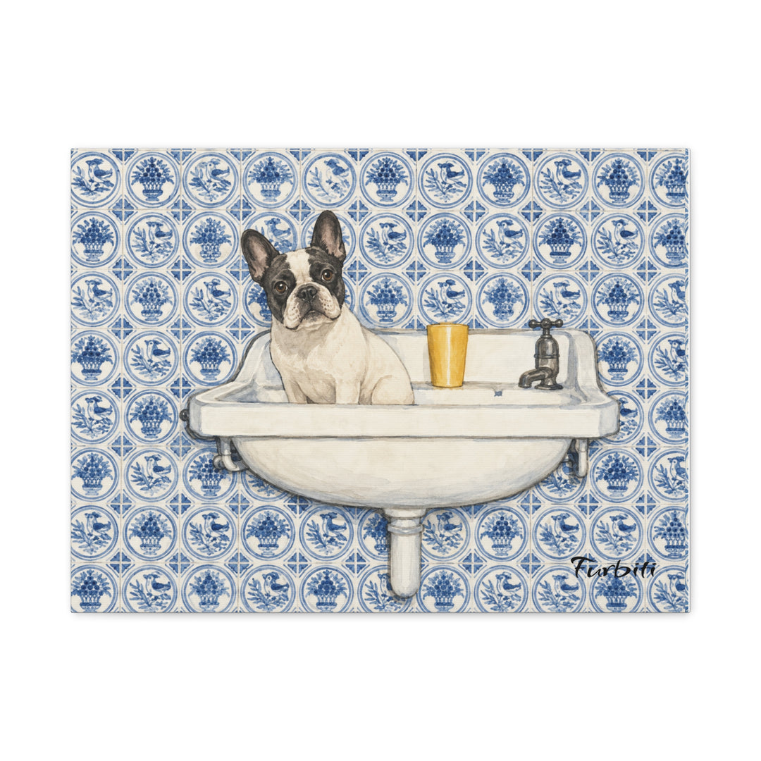 Stretched Blue Tile French Bulldog Horizontal Pet Canvas Product View