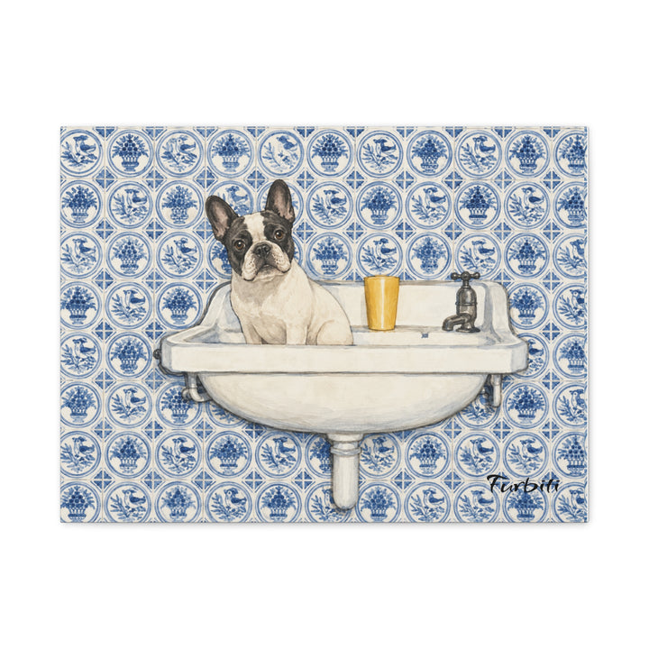 Stretched Blue Tile French Bulldog Horizontal Pet Canvas Product View