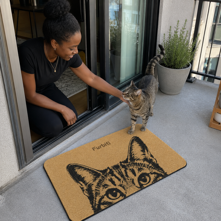 Custom tan pet doormat displayed at a home entryway with pet and owner