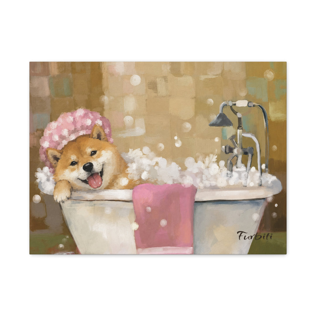 White Framed Bath Time Shiba Horizontal Pet Canvas Product View