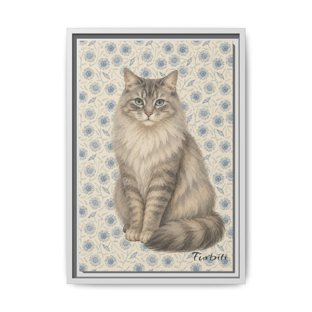 White Framed Blue Floral Cat Canvas Portrait Product View