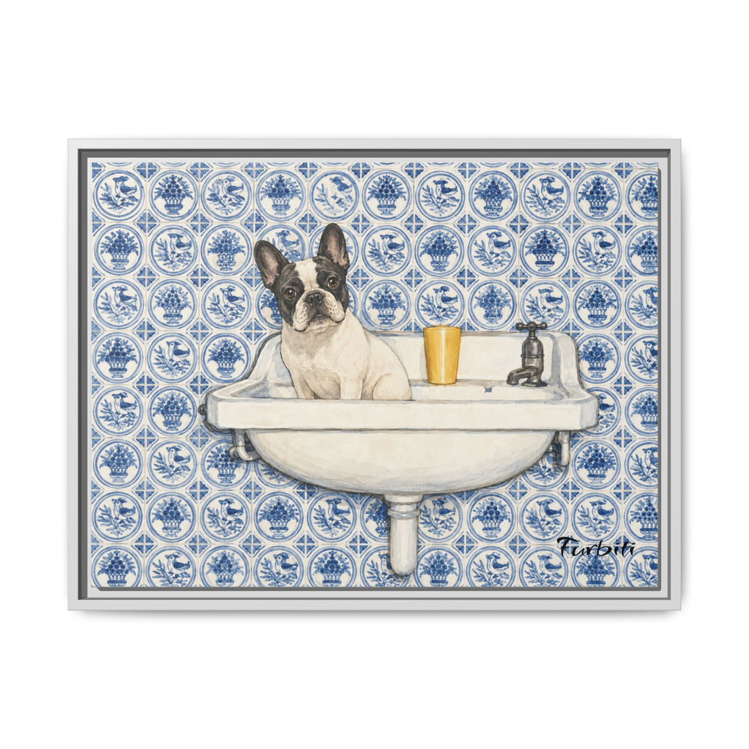 White Framed Blue Tile French Bulldog Horizontal Pet Canvas Product View