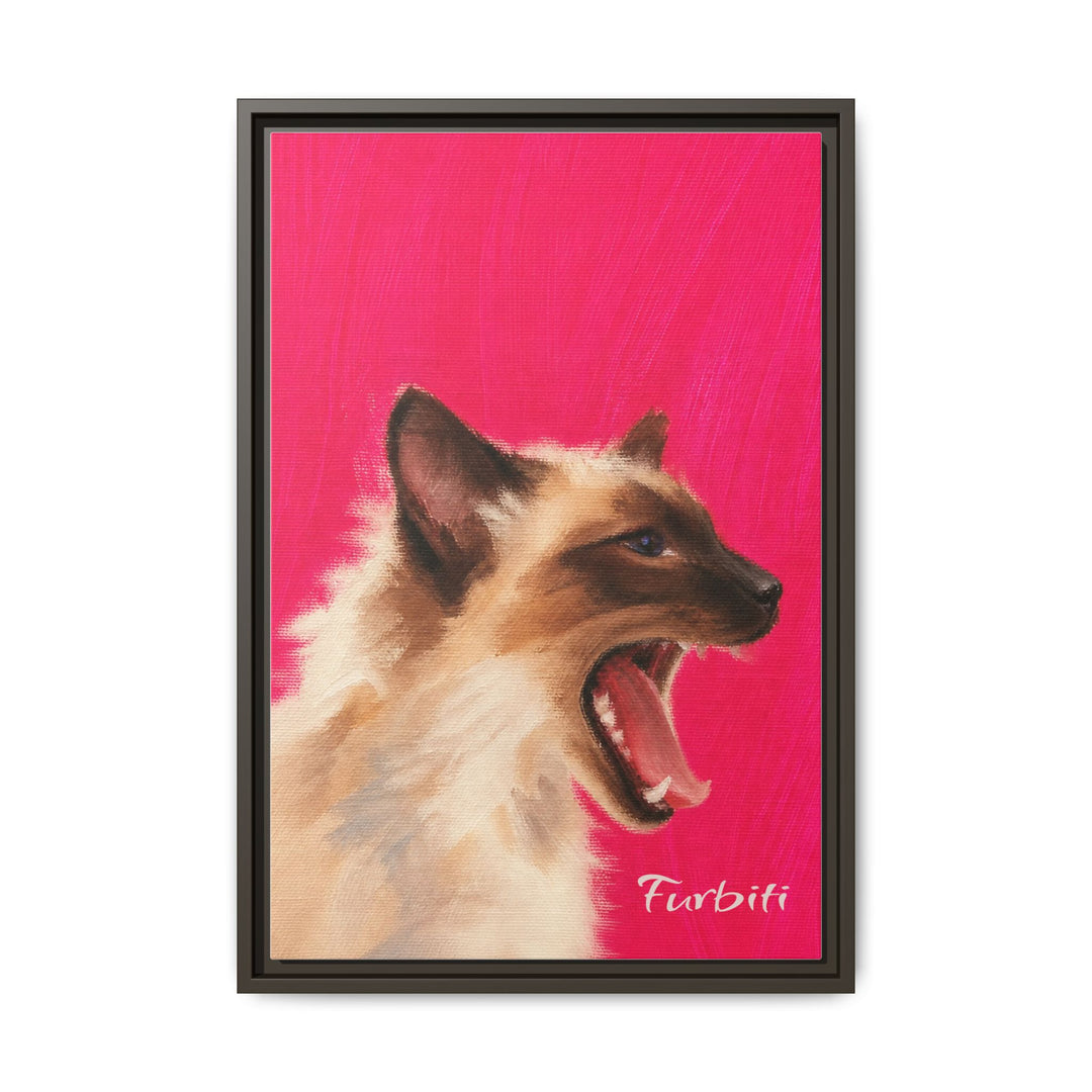 White Framed Bright Pink Cat Pet Canvas Portrait Product View